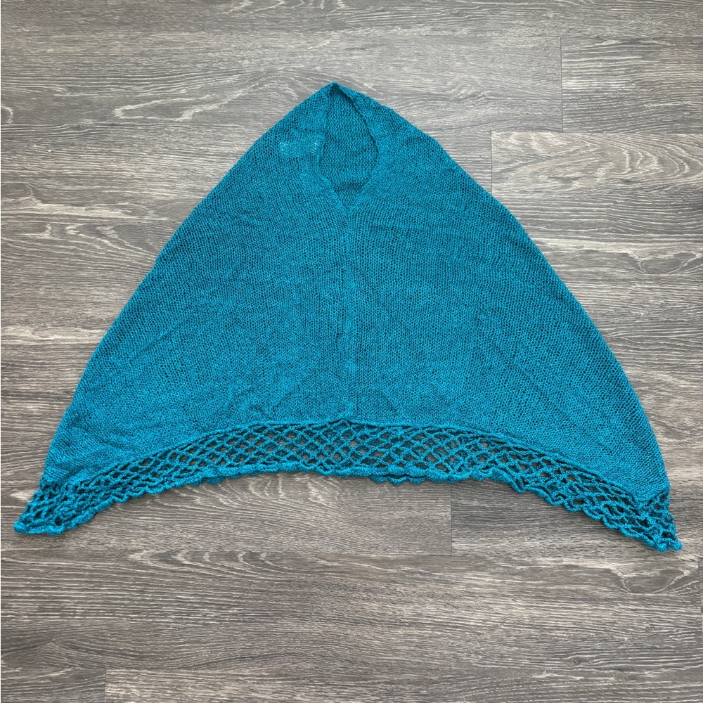 Teal Knit Shawl with Lace Trim